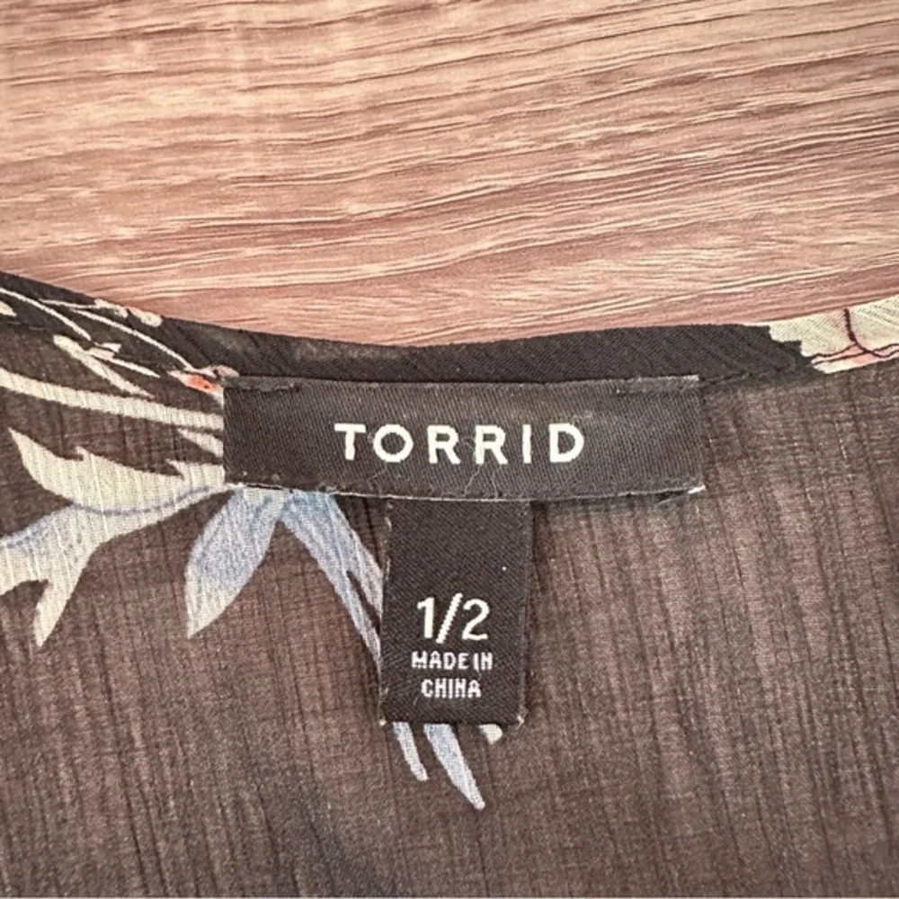 Torrid Chiffon Kimono Top Black Floral Print Fringe Open Sheer Plus Size 1X 2X - Picture 7 of 10